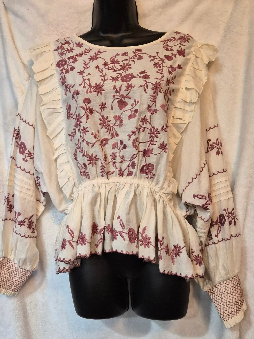NWT Calypso St. Barth Cream Pink Floral Embroidered Ruffle Blouse Boho  XL